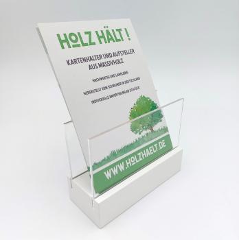 Flyerhalter aus Buche, deckend weiß lackiert, mit Acrylglas - 12 cm lang
